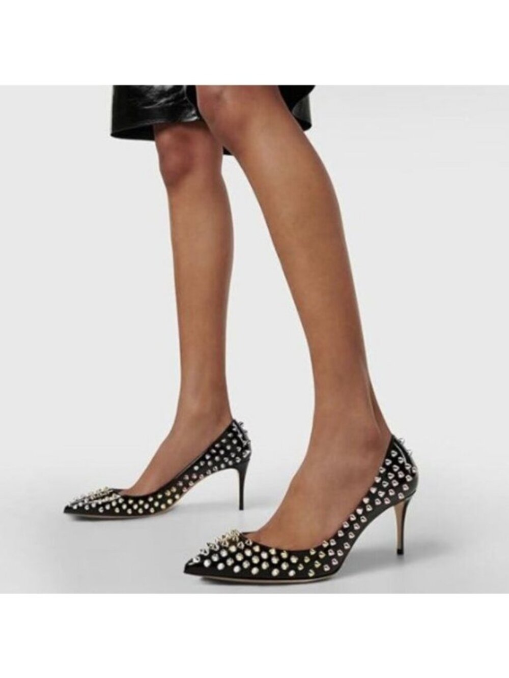 FSJ Black Pointed Toe Stiletto Heel Studded Rivets Pumps  Business Party Shoes